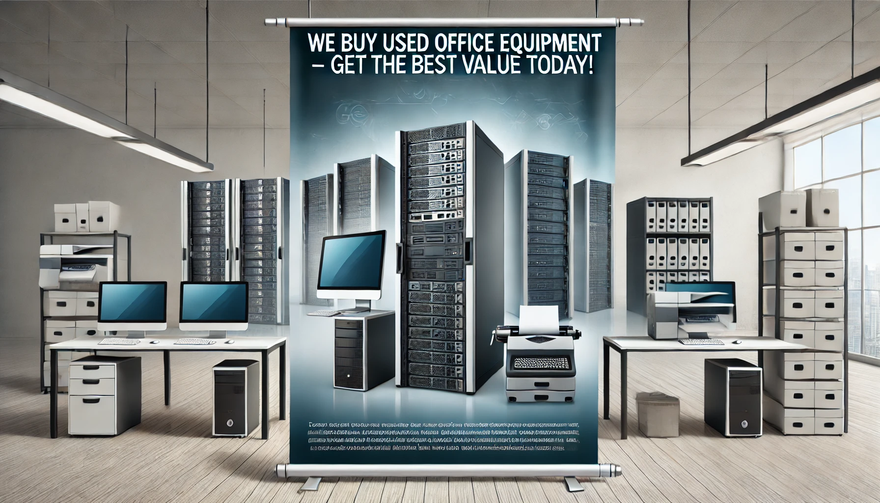 DALL·E 2025-02-01 03.33.34 - A sleek and professional banner for a company that buys used office equipment, including servers, computers, racks, and printers. The design features